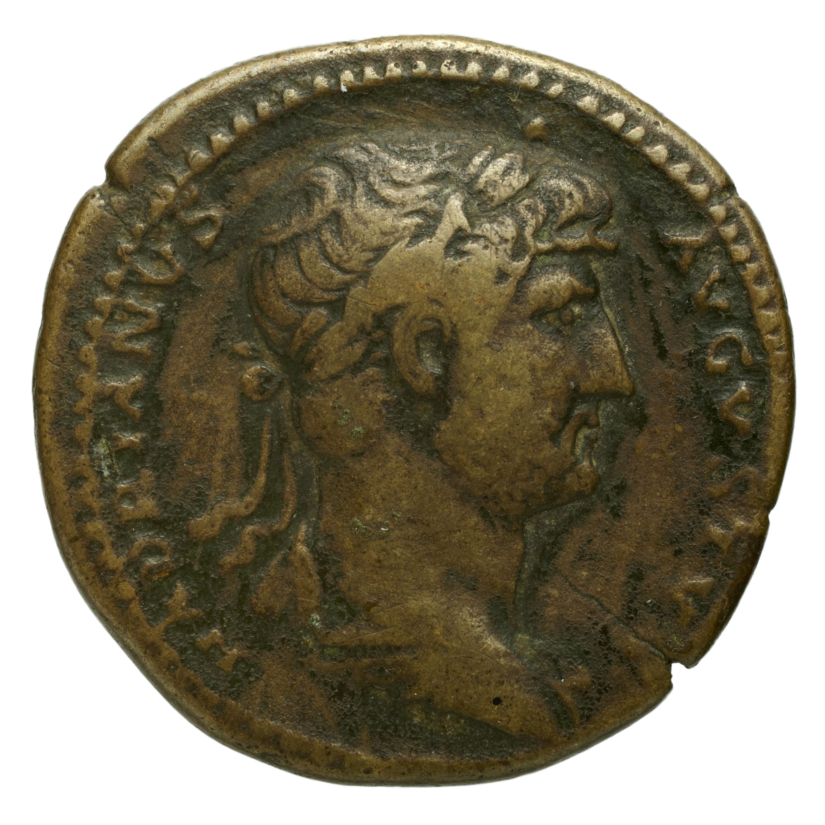 RIC II Hadrian 680 Hadrian obverse, Drapierte Büste des Hadrianus mit Lorbeerkranz in der Rückenansicht nach r.