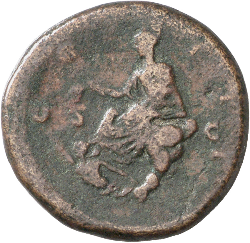 Hadrian reverse — Fortuna/Tyche mit Mauerkrone lagert nach l. auf einem Felsen. Sie hält Kornähren in ihrer r. Hand. Unten ein Flußgott nach l. Beiderseits S - C.