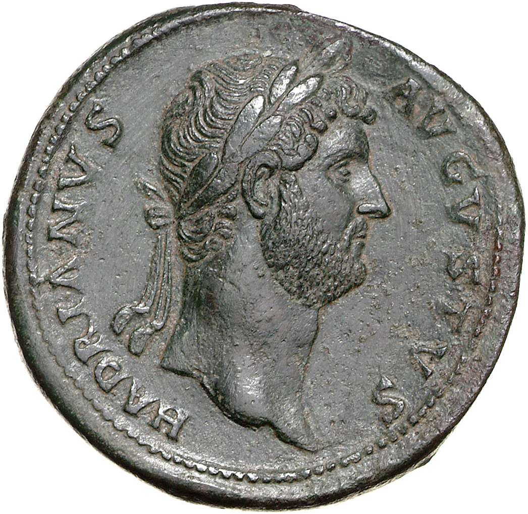 RIC II Hadrian 706d Hadrian obverse, Kopf des Hadrianus mit Lorbeerkranz nach r.