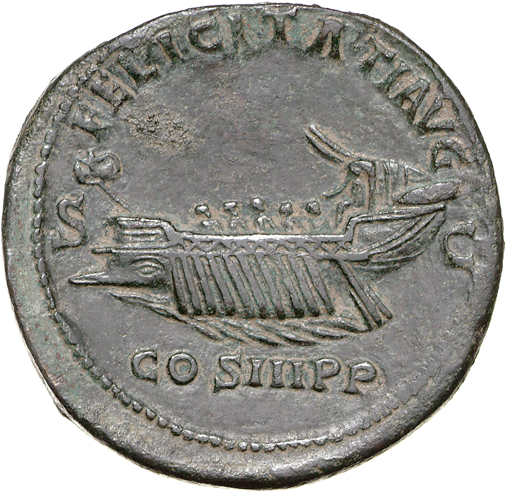 RIC II Hadrian 706d Hadrian reverse, Schiff (Galeere) mit Steuermann und fünf Ruderern nach l. Beiderseits S - C.