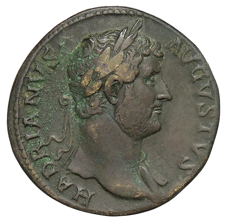 RIC II Hadrian 706e Hadrian obverse, Drapierte Büste des Hadrianus mit Lorbeerkranz in der Brustansicht nach r.