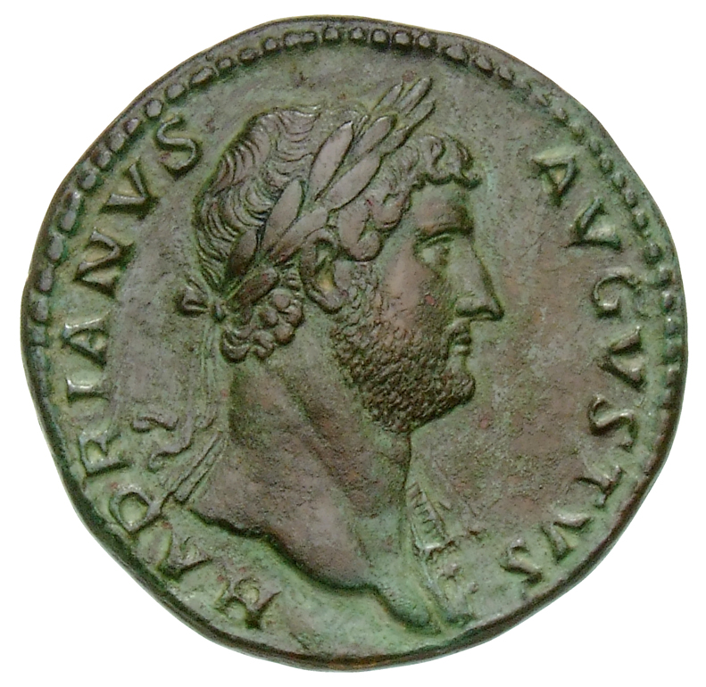 RIC II Hadrian 710b Hadrian obverse, An der l. Schulter drapierte Büste des Hadrianus mit Lorbeerkranz in der Brustansicht...