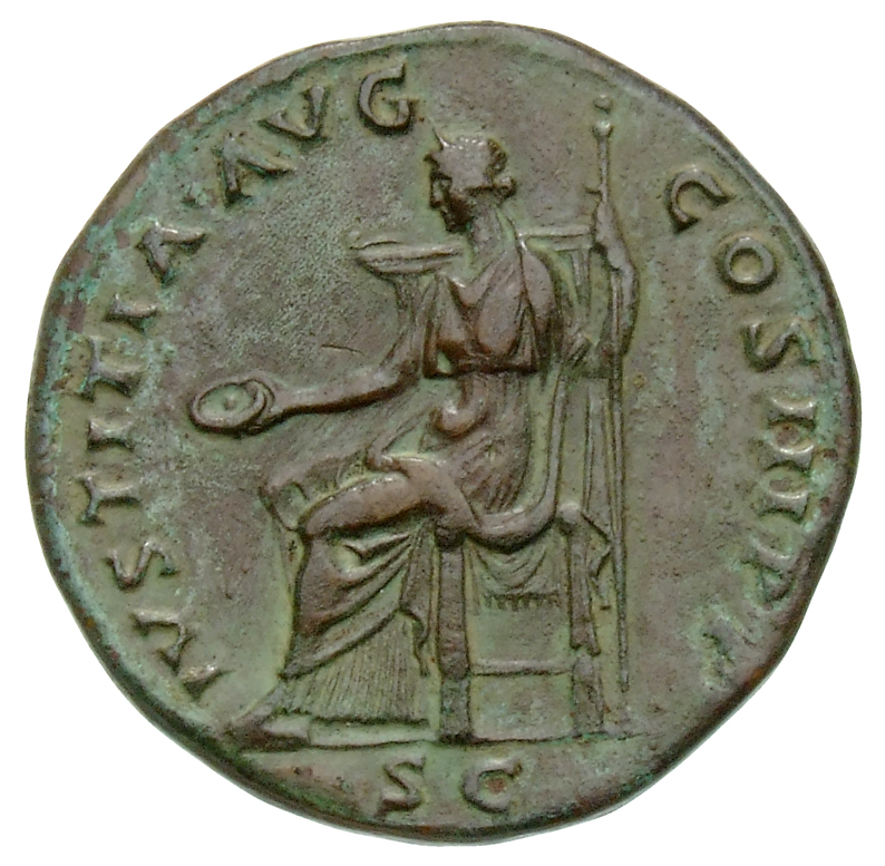 RIC II Hadrian 710b Hadrian reverse, Iustitia sitzt nach l., in der r. Hand eine Schale (patera), im l. Arm ein Zepter hal...
