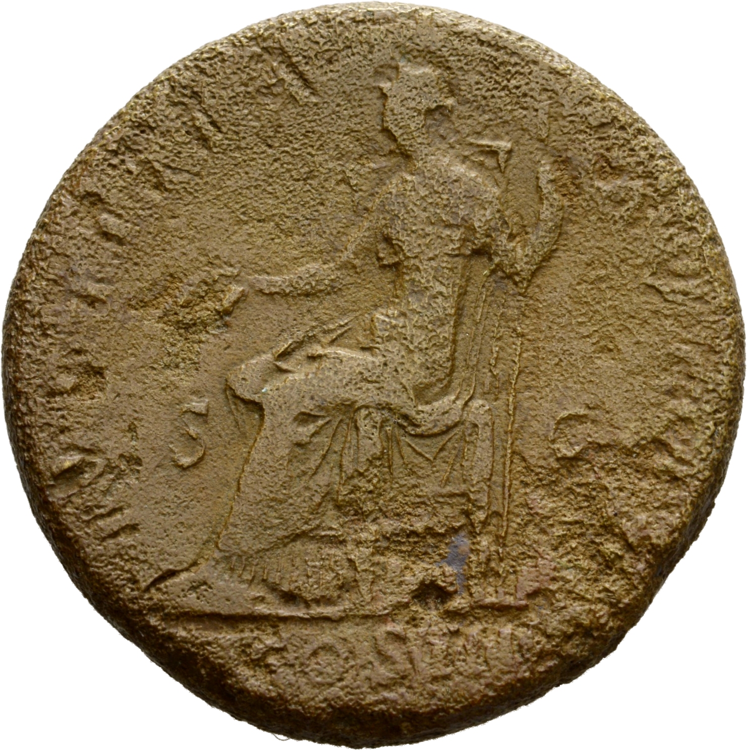 RIC II Hadrian 711j Hadrian reverse, Iustitia sitzt nach l., in der r. Hand Schale (patera) und in der l. Hand Zepter. Bei...