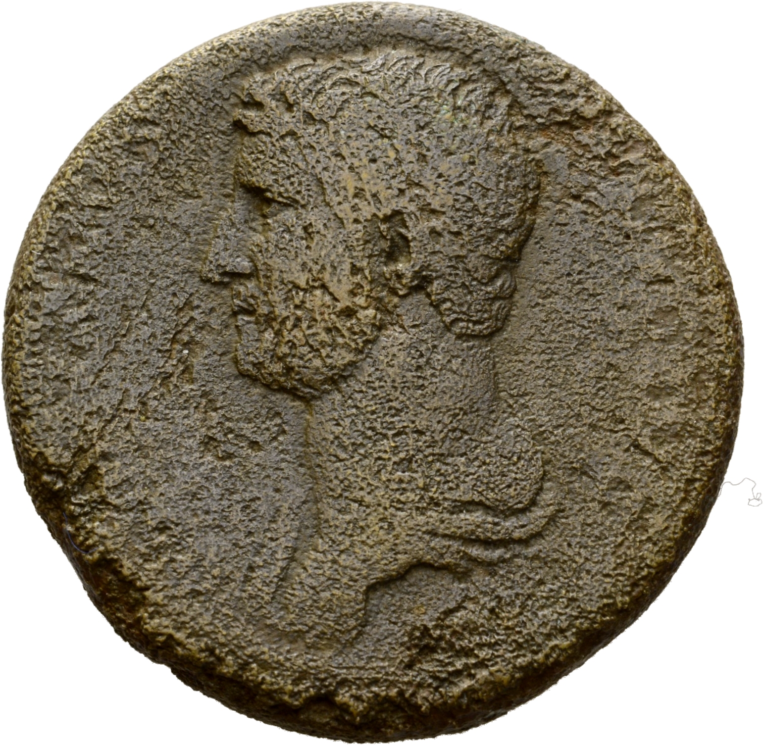 RIC II Hadrian 711j Hadrian obverse, Drapierte Büste des Hadrianus in der Rückenansicht nach l.
