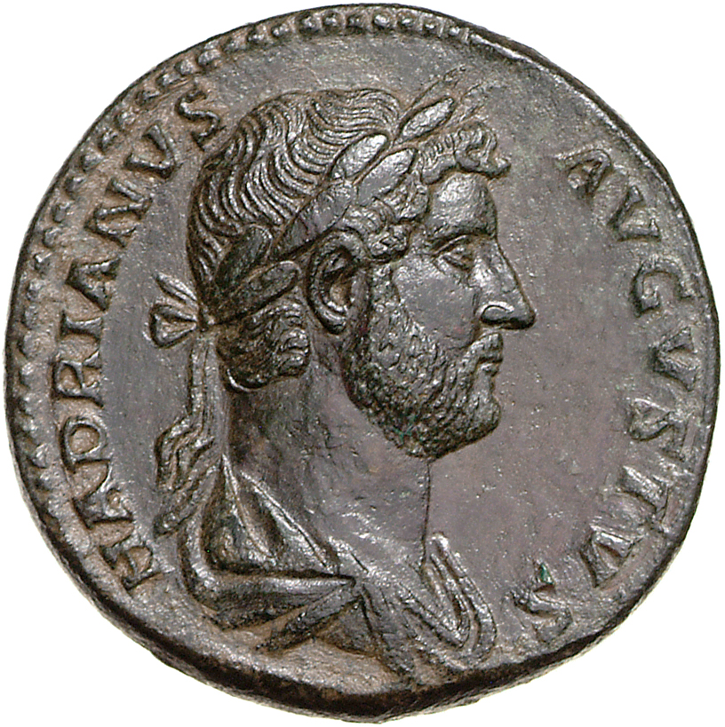 RIC II Hadrian 714f (as) Hadrian obverse, Drapierte Büste des Hadrianus mit Lorbeerkranz in der Rückenansicht nach r.