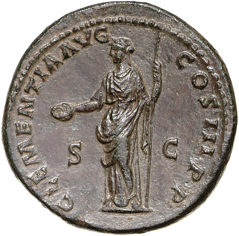 RIC II Hadrian 714f (as) Hadrian reverse, Clementia steht nach l. In der r. Hand hält sie eine Schale (patera) und im l. A...