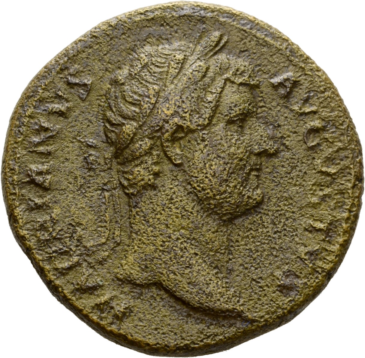 RIC II Hadrian 719d (as) Hadrian obverse, Büste des Hadrianus mit Lorbeerkranz in der Rückenansicht nach r.