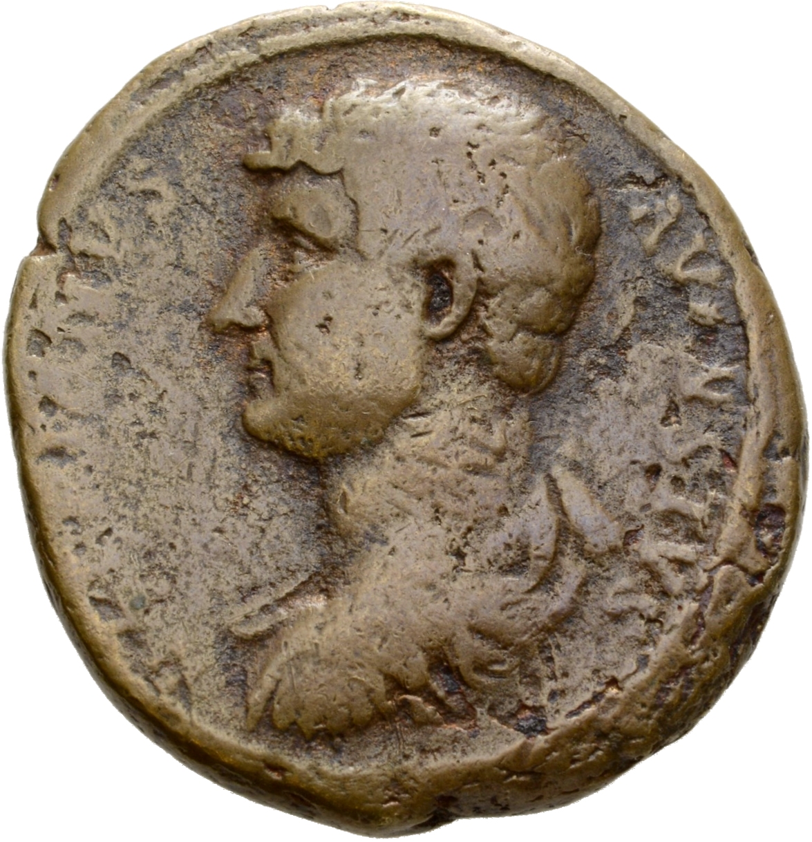 RIC II Hadrian 719j (as) Hadrian obverse, Drapierte Panzerbüste des Hadrianus in der Rückenansicht nach l.
