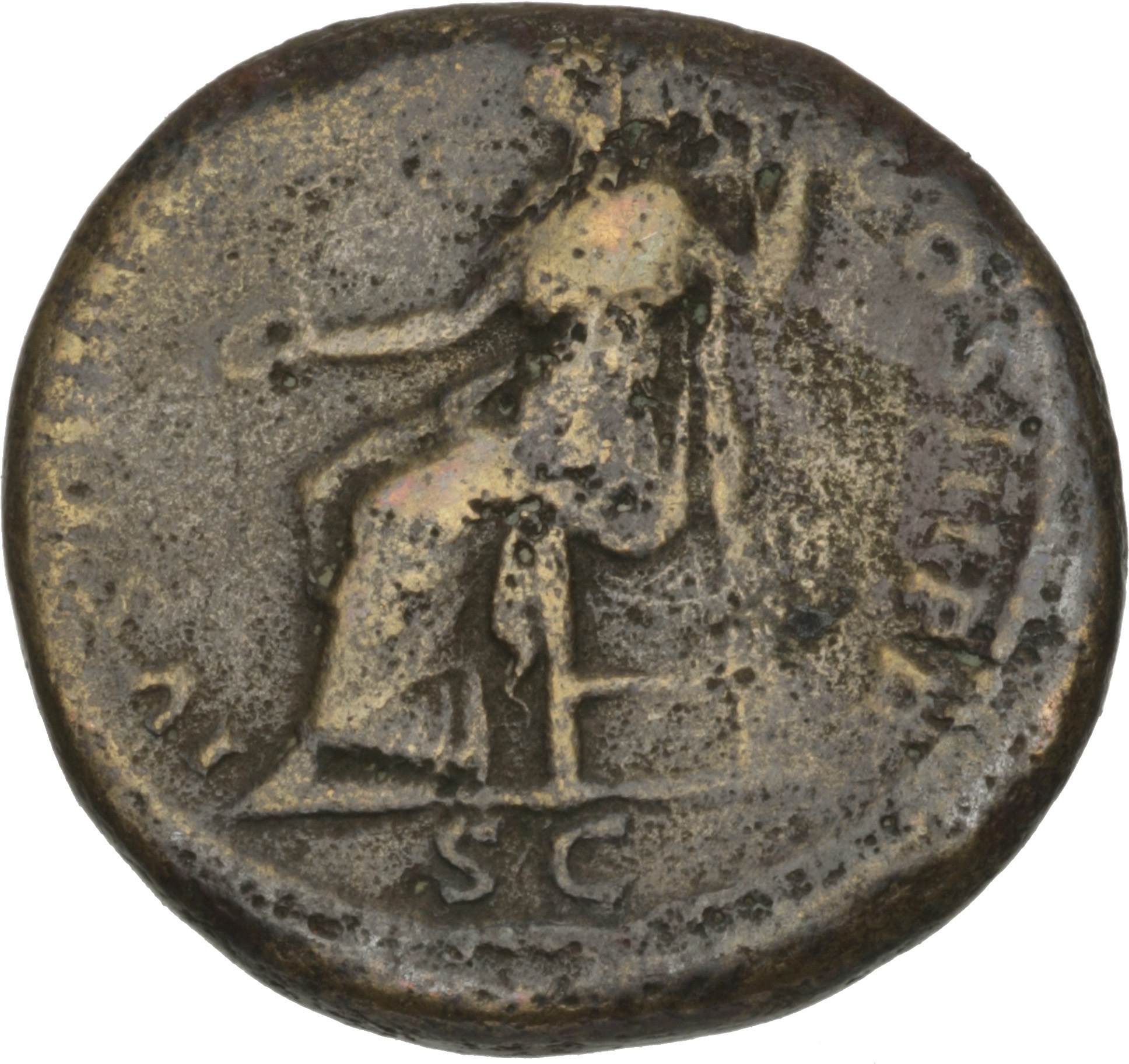 RIC II Hadrian 727a (dupondius) Hadrian reverse, Iustitia mit Patera und Zepter nach links thronend.