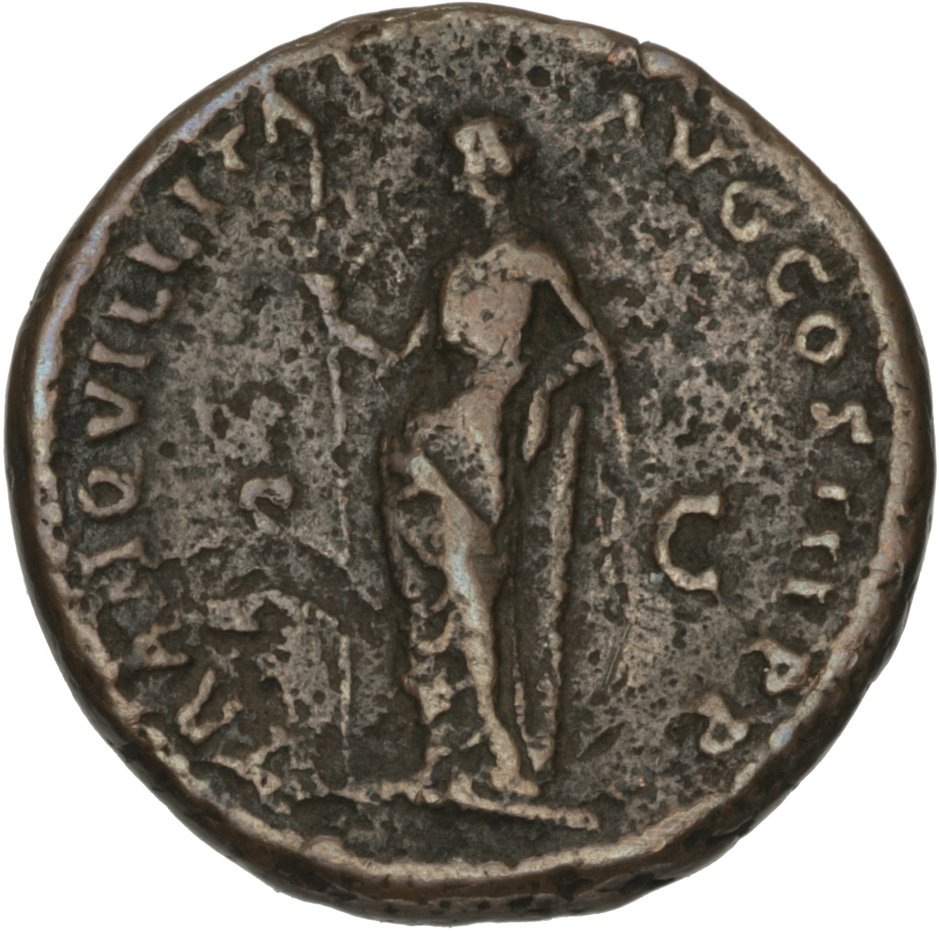 RIC II Hadrian 730f (as) Hadrian reverse, Tranquillitas mit Zepter nach links stehend, auf Säule gestützt.