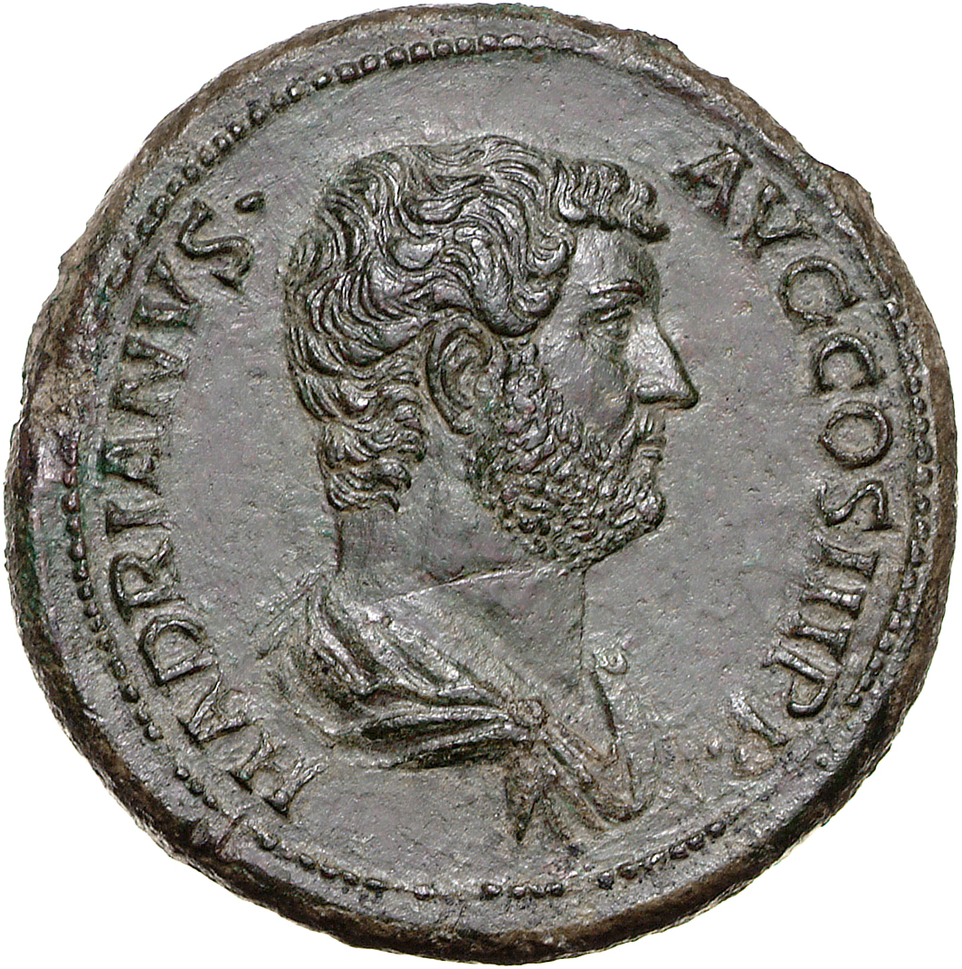 RIC II Hadrian 747c Hadrian obverse, Drapierte Büste des Hadrianus in der Rückenansicht nach r.