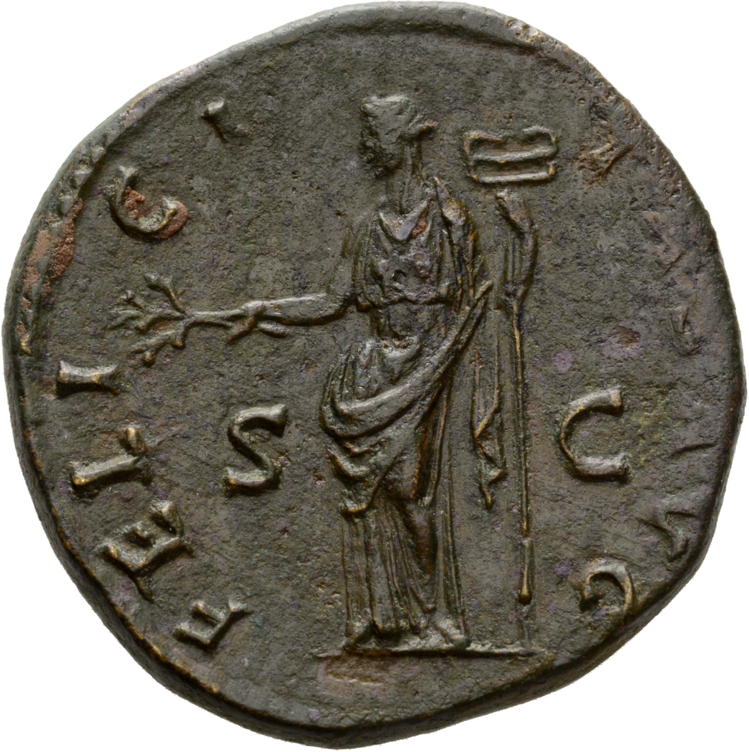 RIC II Hadrian 750d Hadrian reverse, Felicitas steht in der Vorderansicht, den Kopf nach l., in der l. Hand Heroldstab (ca...