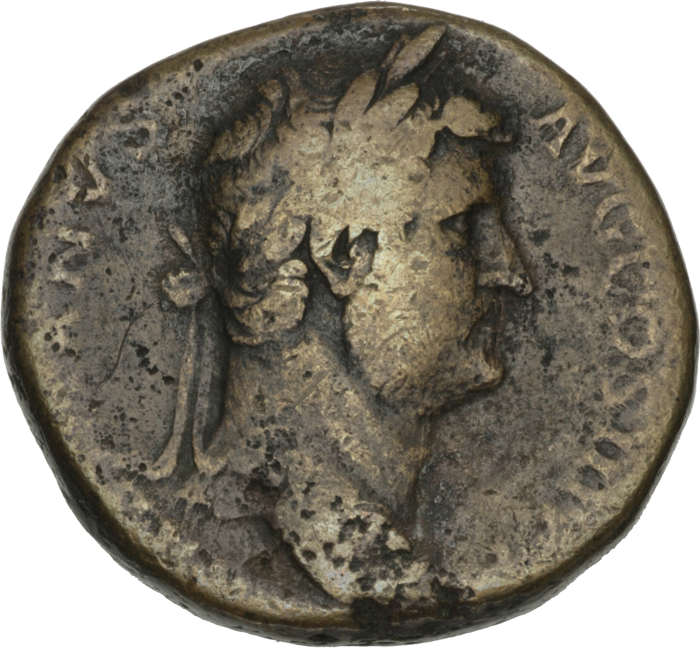 RIC II Hadrian 758d Hadrian obverse, Kopf Hadrians mit Lorbeerkranz nach rechts.