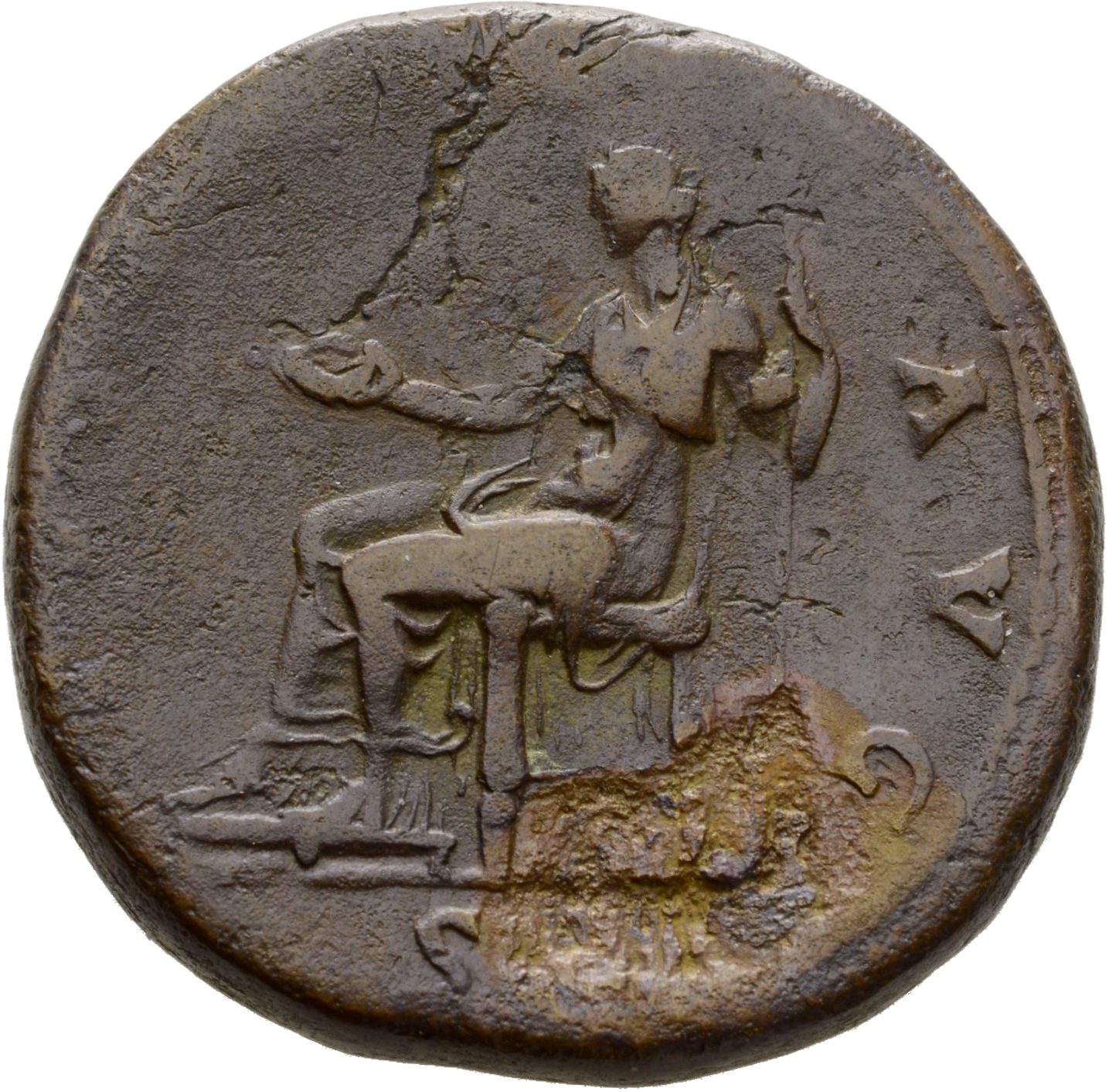 RIC II Hadrian 764e Hadrian reverse, Iustitia sitzt nach l., in der l. Hand Zepter und in der r. Hand Schale (patera).