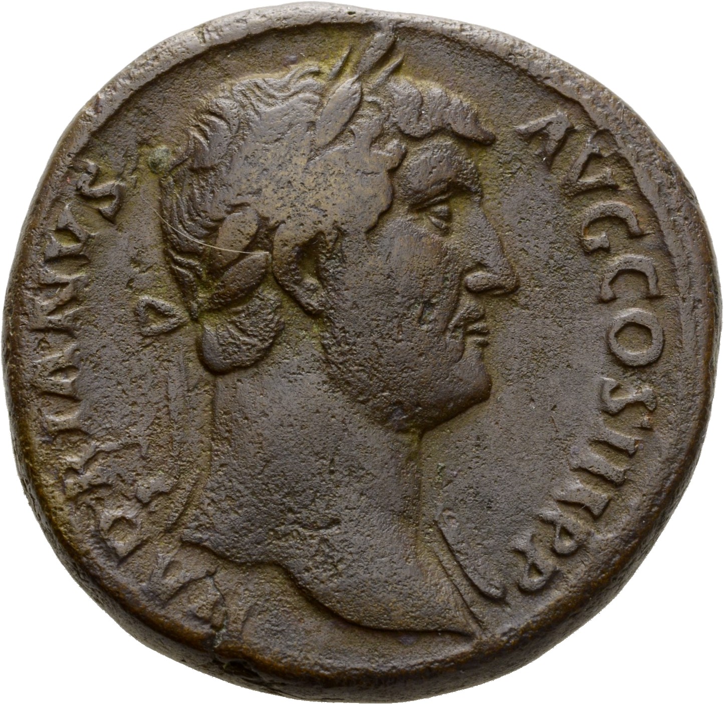 RIC II Hadrian 764e Hadrian obverse, Drapierte Büste des Hadrianus mit Lorbeerkranz in der Brustansicht nach r.