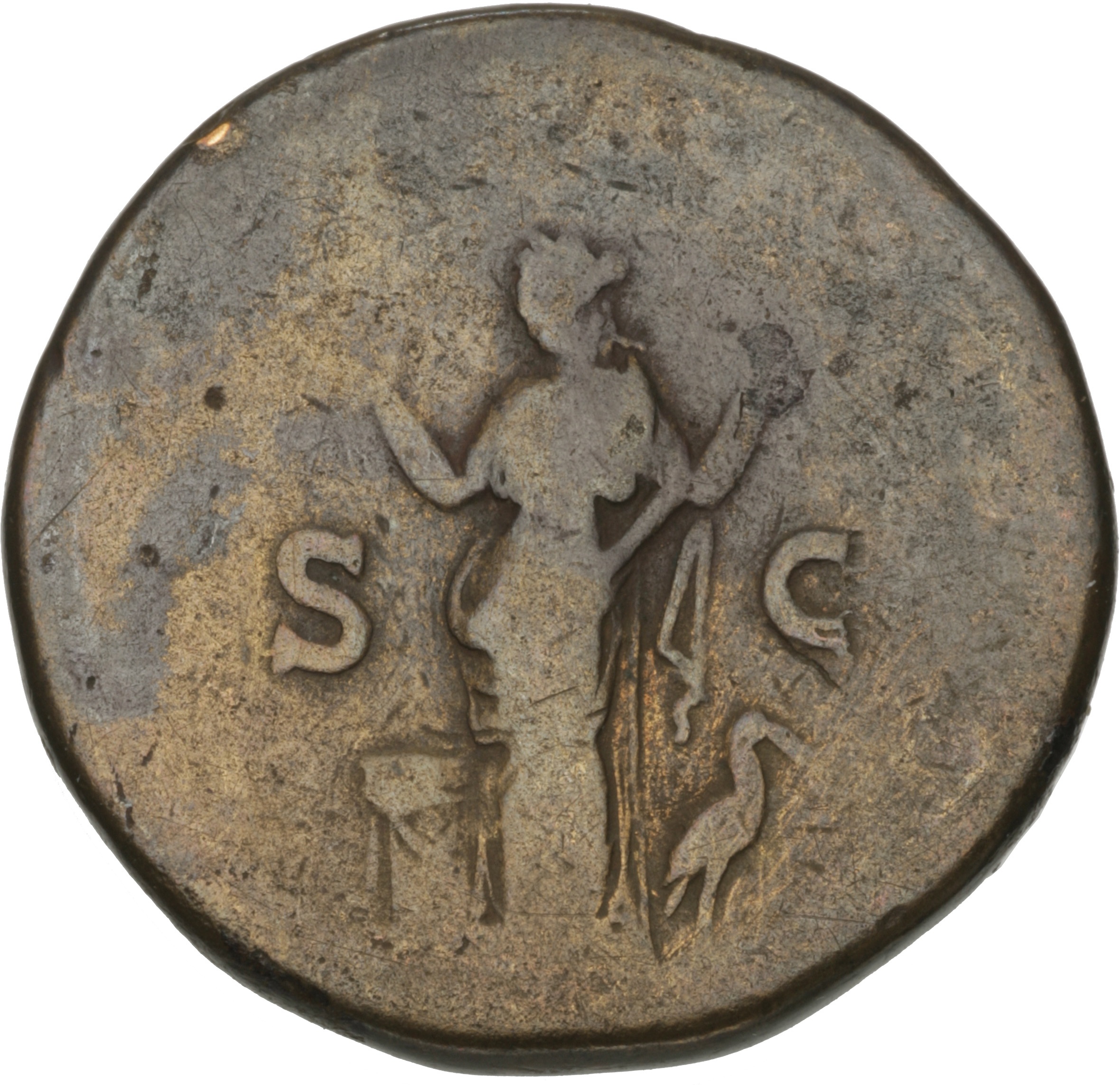 RIC II Hadrian 771f Hadrian reverse, Pietas mit erhobenen Händen nach links stehend, zu Füßen Altar und Storch.