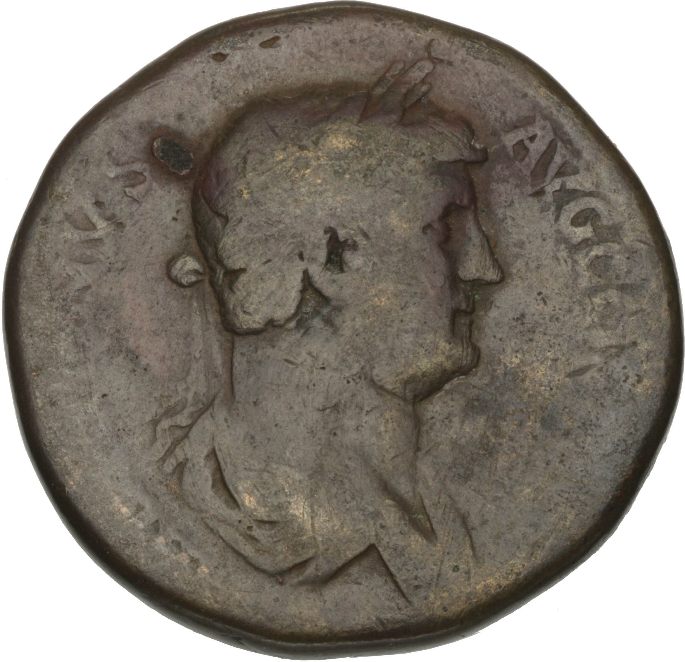 RIC II Hadrian 771f Hadrian obverse, Drapierte Büste Hadrians mit Lorbeerkranz nach rechts.