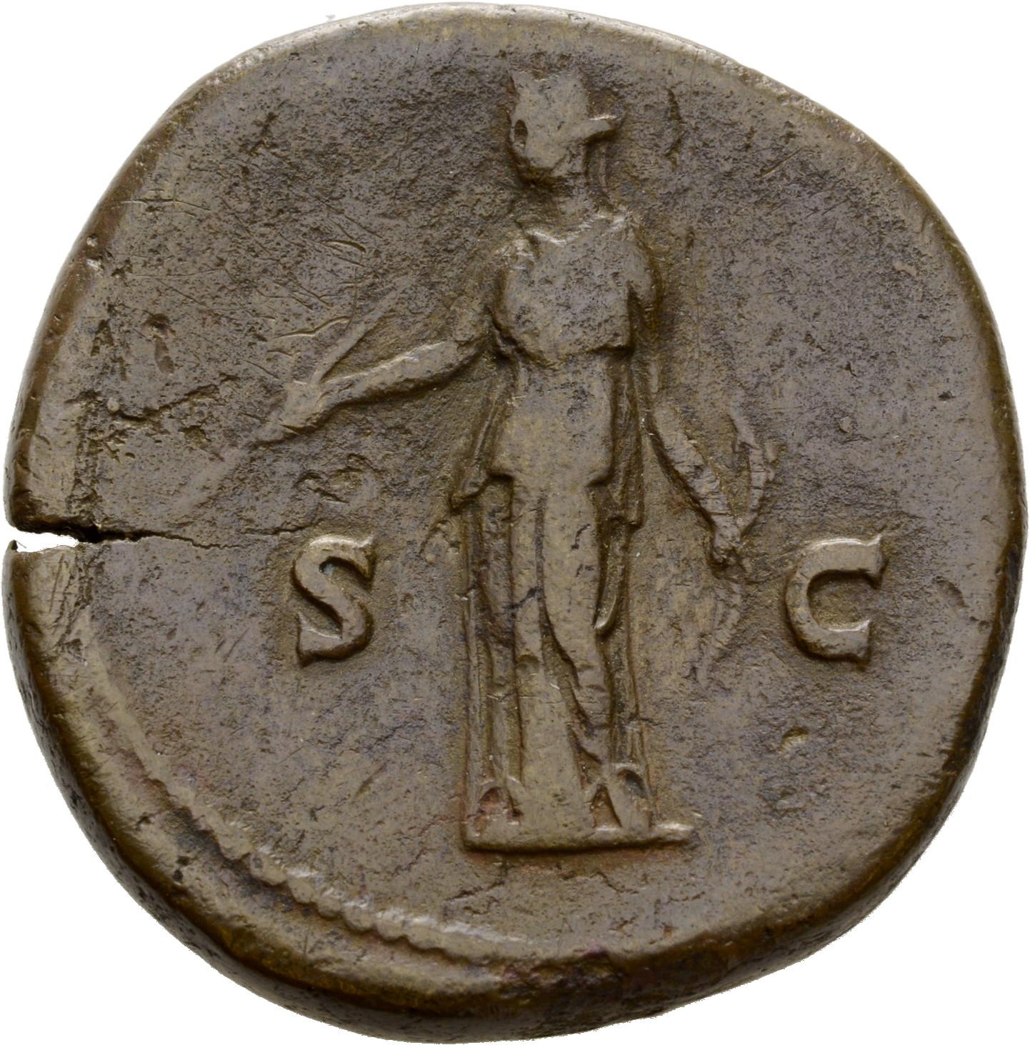 RIC II Hadrian 777d Hadrian reverse, Diana steht in der Vorderansicht, den Kopf nach l., in der r. Hand Pfeil und in der l...