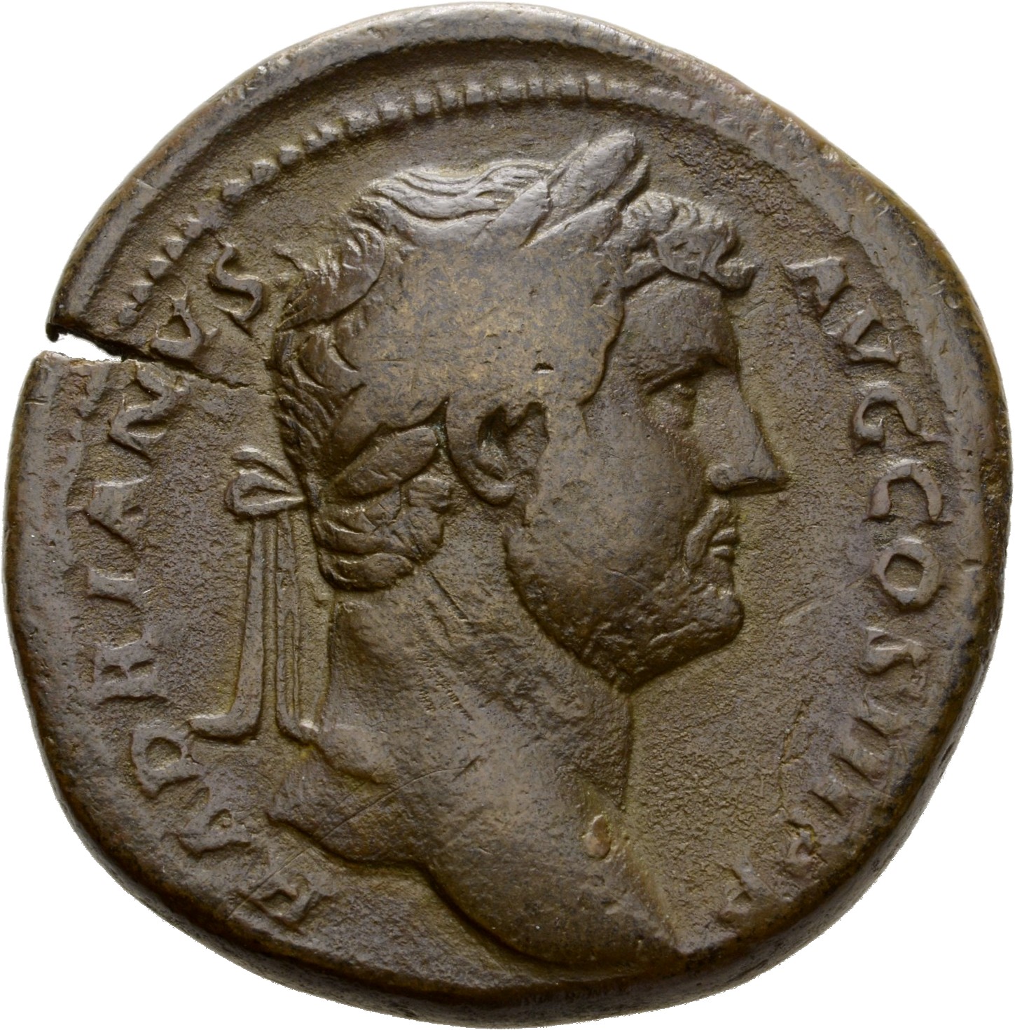 RIC II Hadrian 777d Hadrian obverse, Büste des Hadrianus mit Lorbeerkranz in der Rückenansicht nach r.