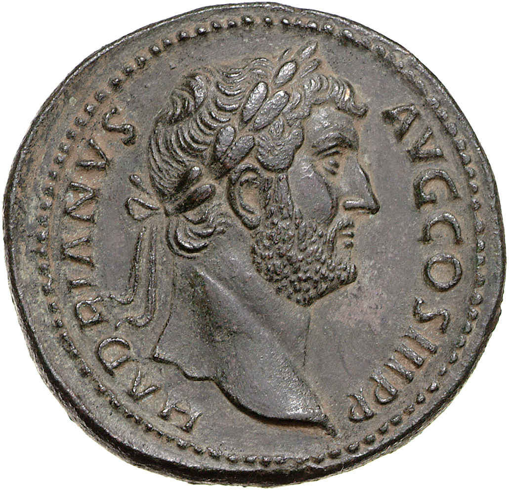 RIC II Hadrian 777d Hadrian obverse, Büste des Hadrianus mit Lorbeerkranz in der Rückenansicht nach r.