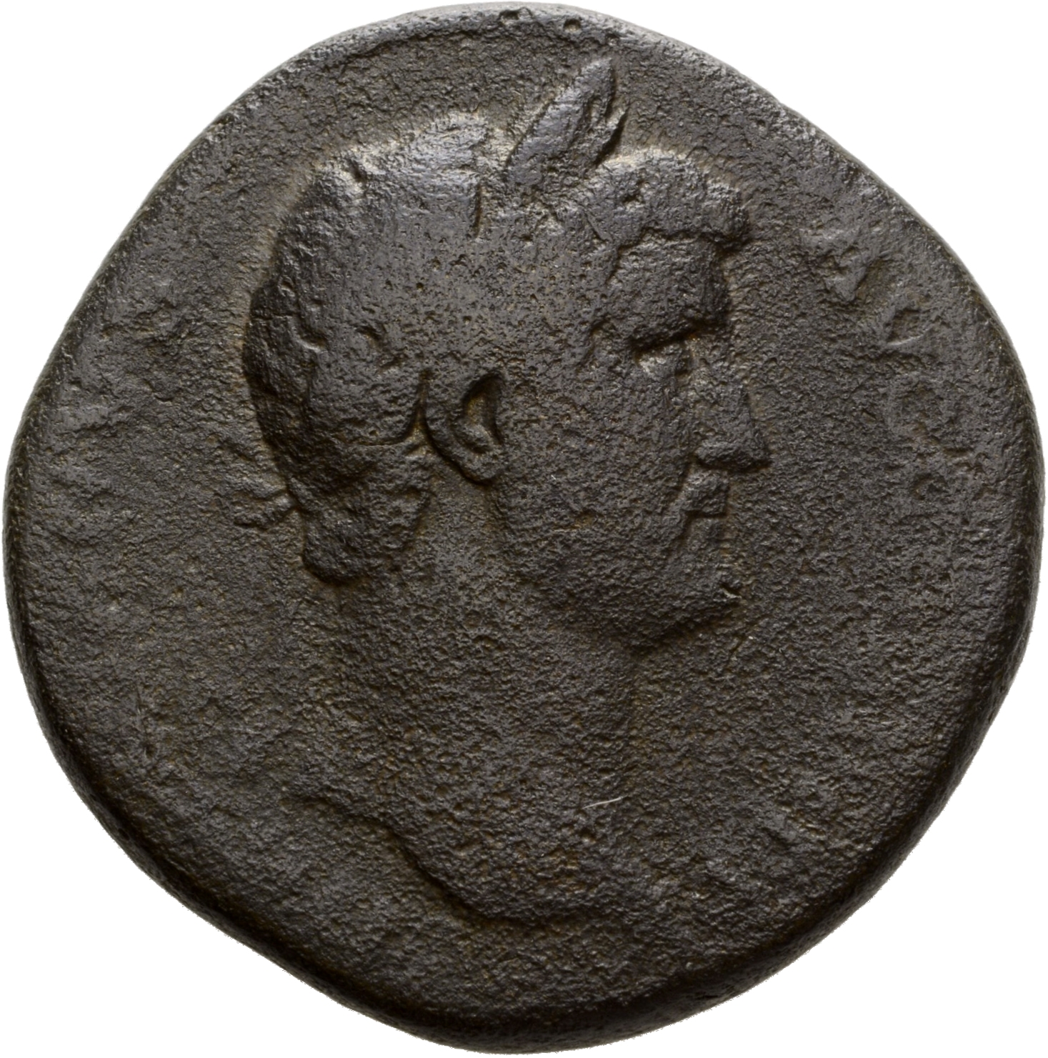 RIC II Hadrian 790d Hadrian obverse, Büste des Hadrianus mit Lorbeerkranz in der Rückenansicht nach r.