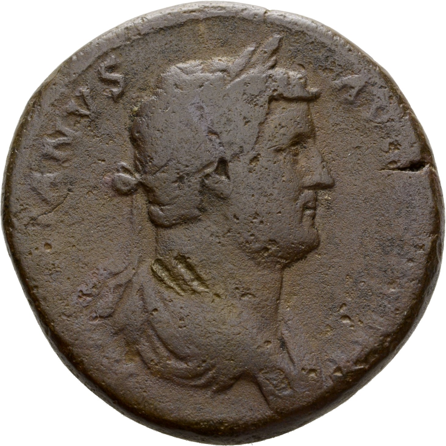 RIC II Hadrian 790f Hadrian obverse, Drapierte Büste des Hadrianus mit Lorbeerkranz in der Rückenansicht nach r.
