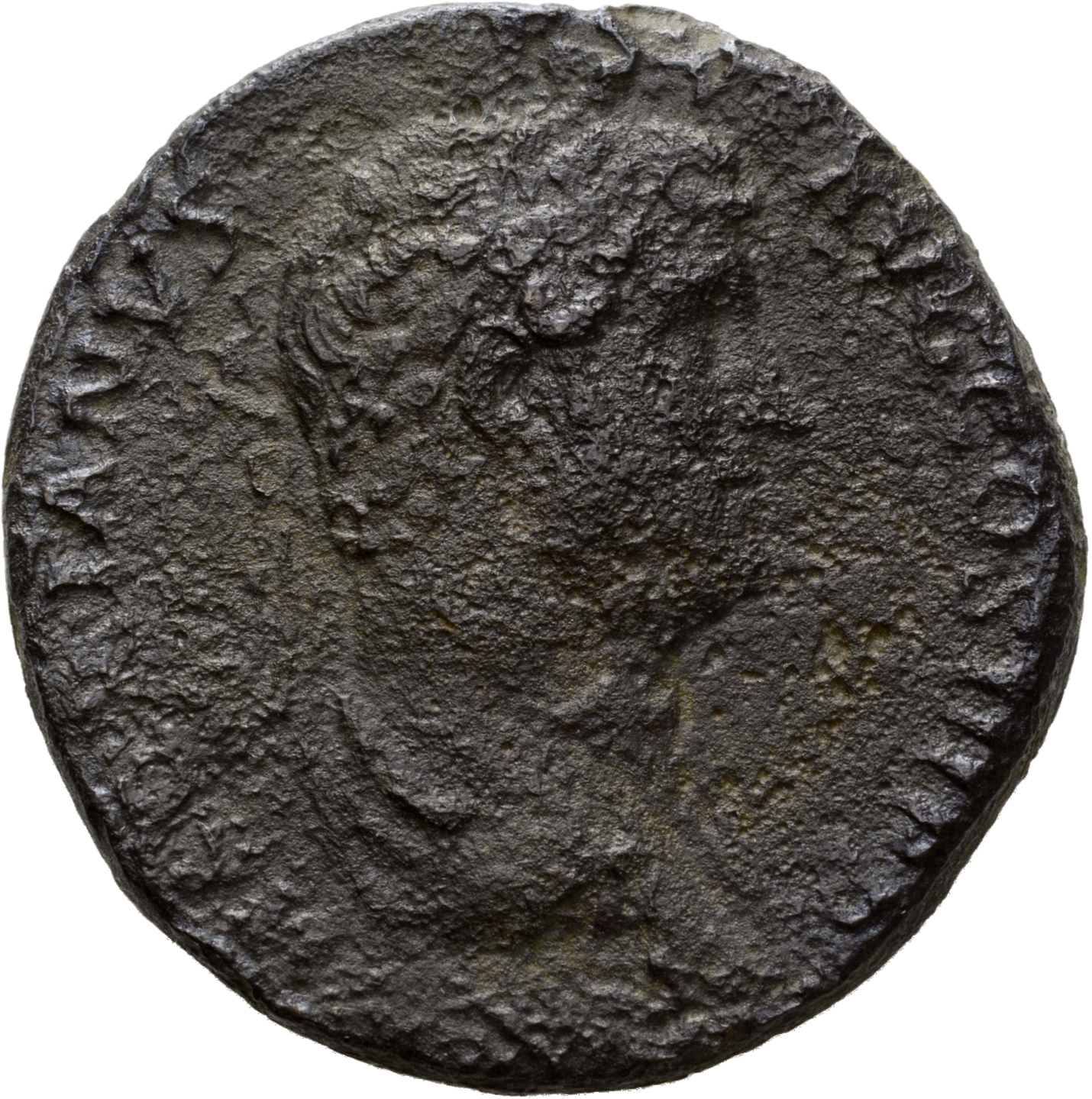 RIC II Hadrian 791f Hadrian obverse, Drapierte Büste des Hadrianus mit Lorbeerkranz in der Rückenansicht nach r.