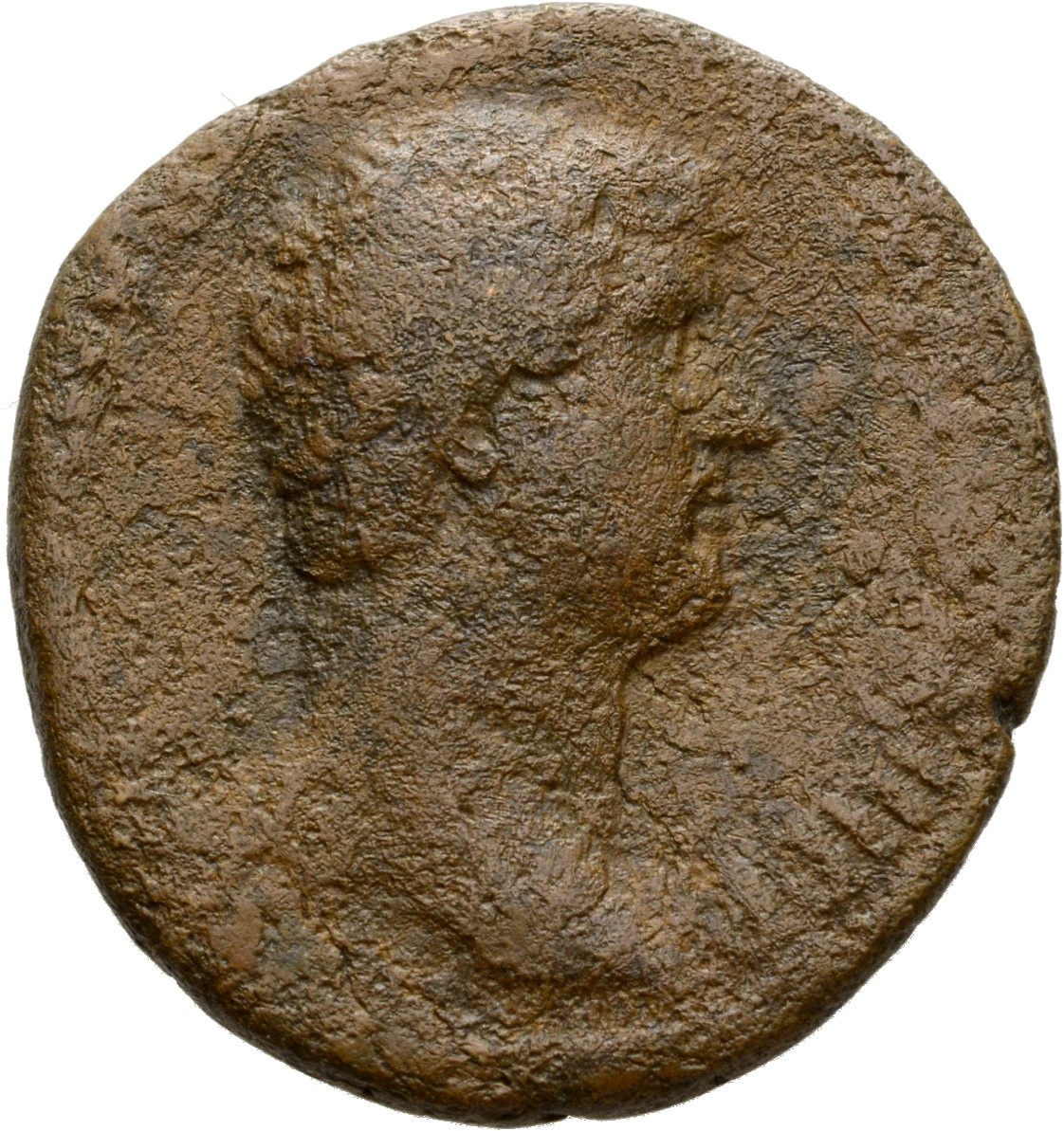 RIC II Hadrian 794c (as) Hadrian obverse, Drapierte Büste des Hadrianus in der Rückenansicht nach r.