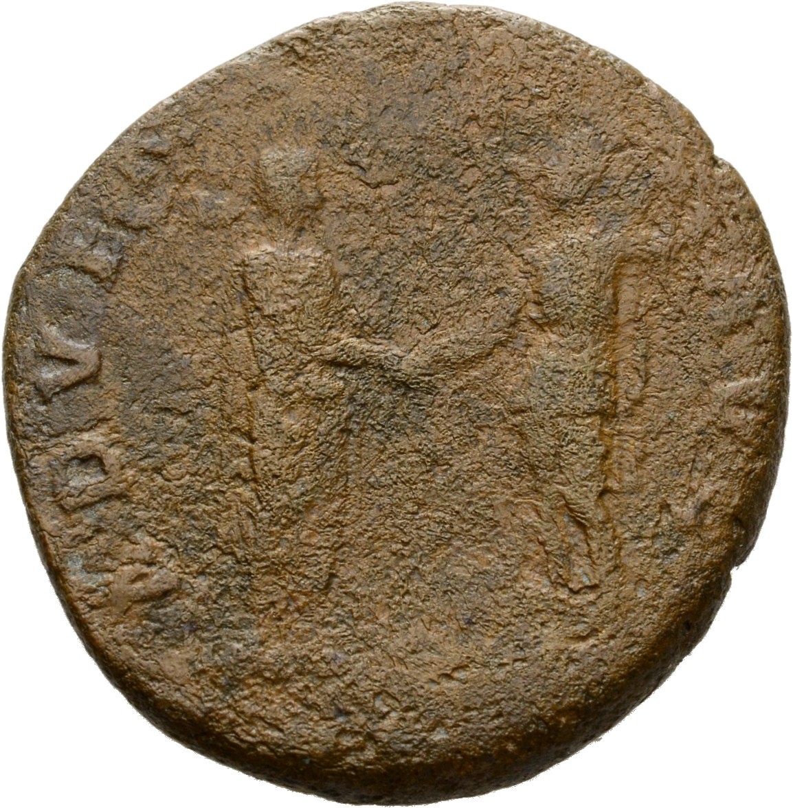 RIC II Hadrian 794c (as) Hadrian reverse, Hadrianus mit Toga steht nach r., in l. Hand Schriftrolle. Roma steht ihm gegenü...