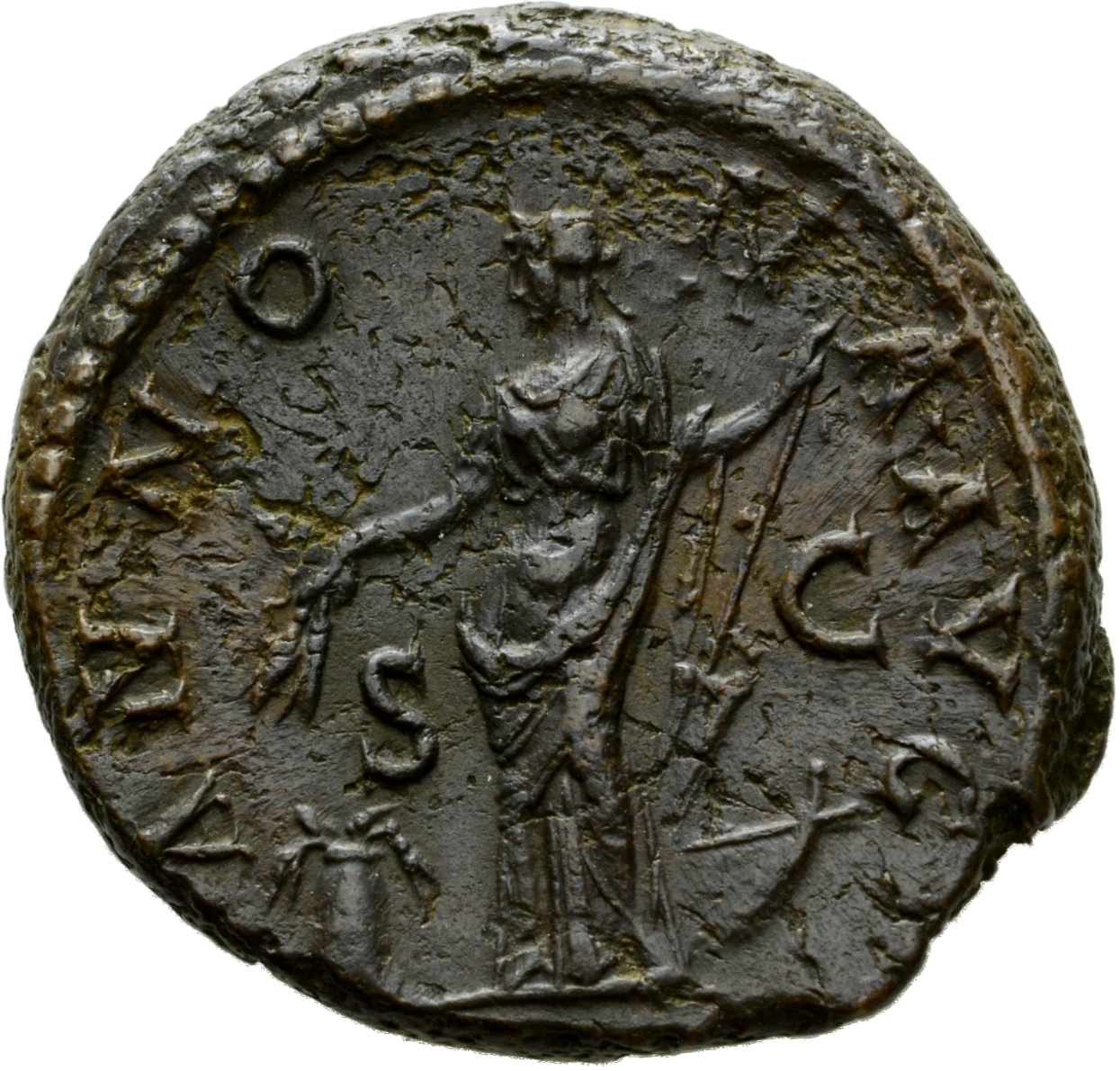 RIC II Hadrian 796d (as) Hadrian reverse, Annona steht in der Vorderansicht, den Kopf nach l., mit der r. Hand hält sie Ko...