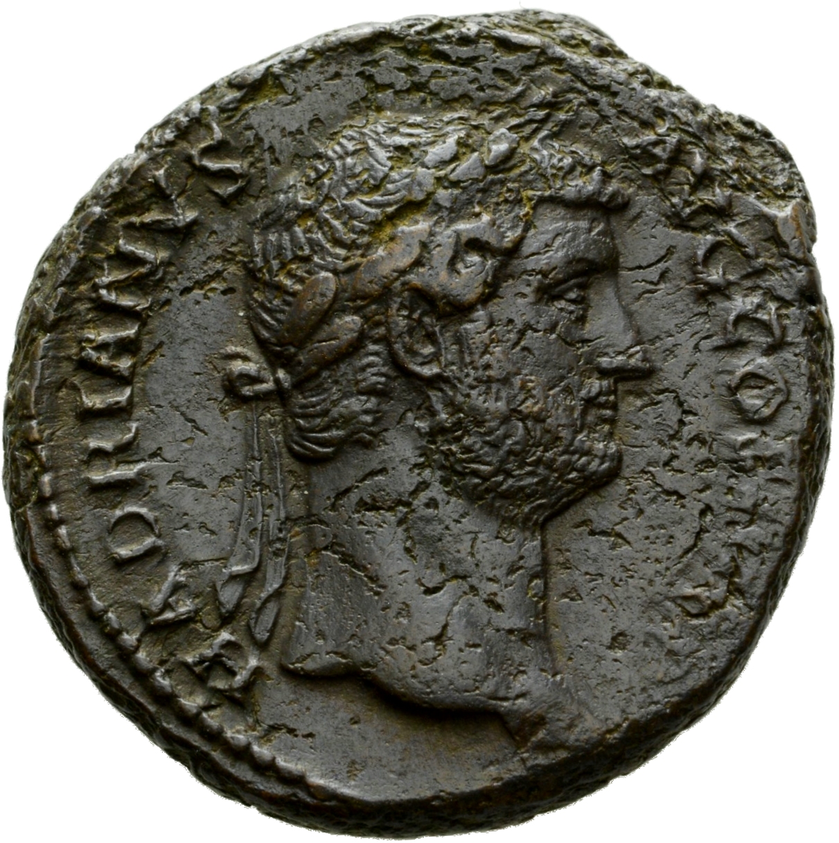 RIC II Hadrian 796d (as) Hadrian obverse, Kopf des Hadrianus mit Lorbeerkranz nach r.
