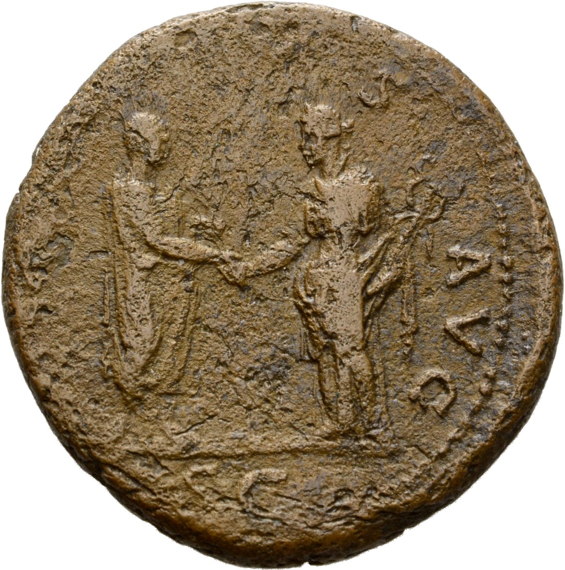 RIC II Hadrian 805d (as) Hadrian reverse, Hadrianus steht nach r., in der l. Hand Schriftrolle. Ihm gegenüber steht Felici...