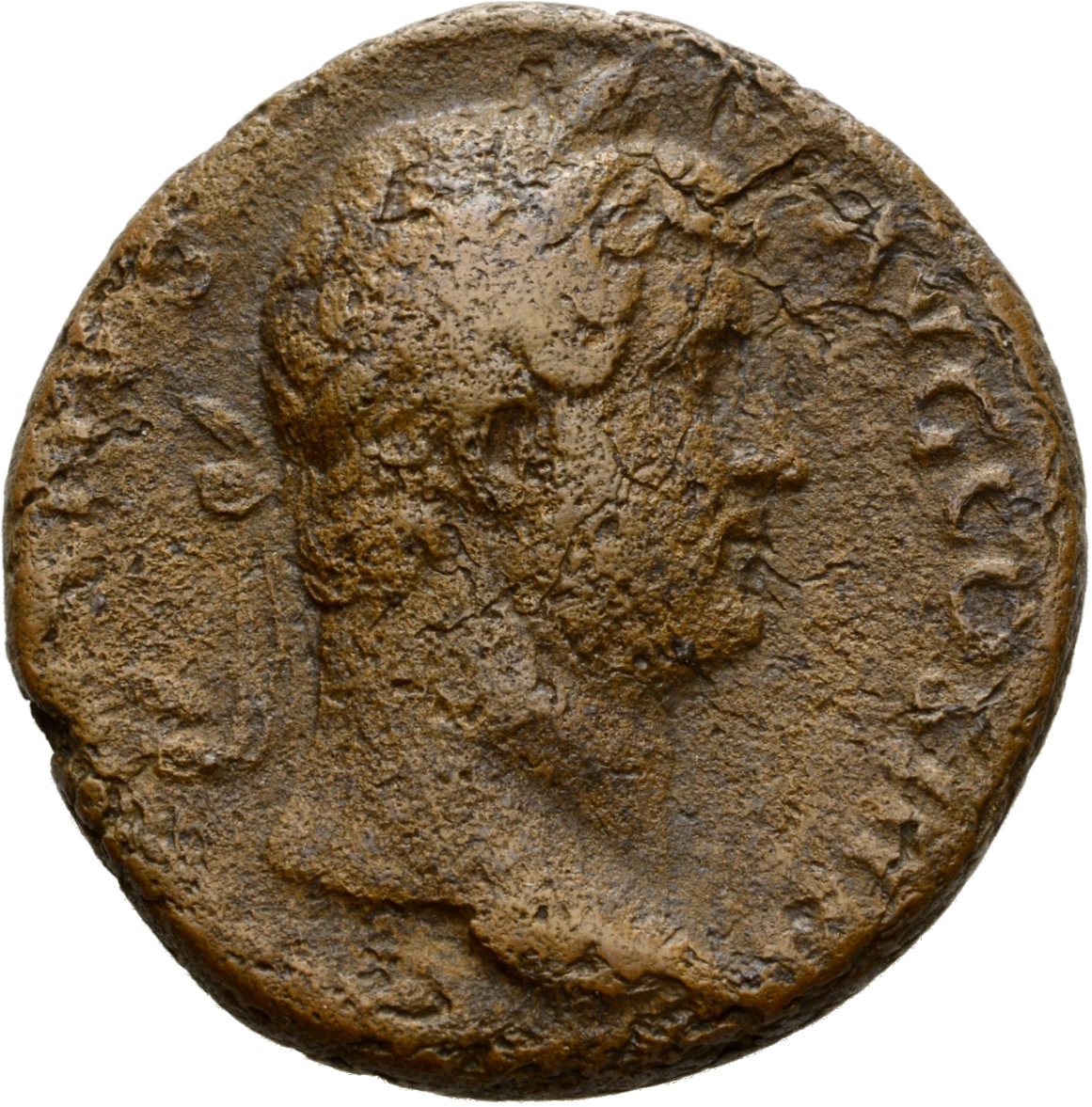 RIC II Hadrian 805d (as) Hadrian obverse, Büste des Hadrianus mit Lorbeerkranz in der Rückenansicht nach r.