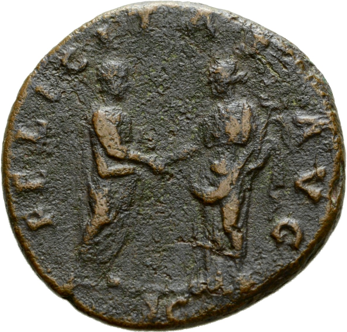 RIC II Hadrian 805i (as) Hadrian reverse, Hadrianus mit Toga steht nach r. Er hält in der l. Hand eine Schriftrolle. Felic...
