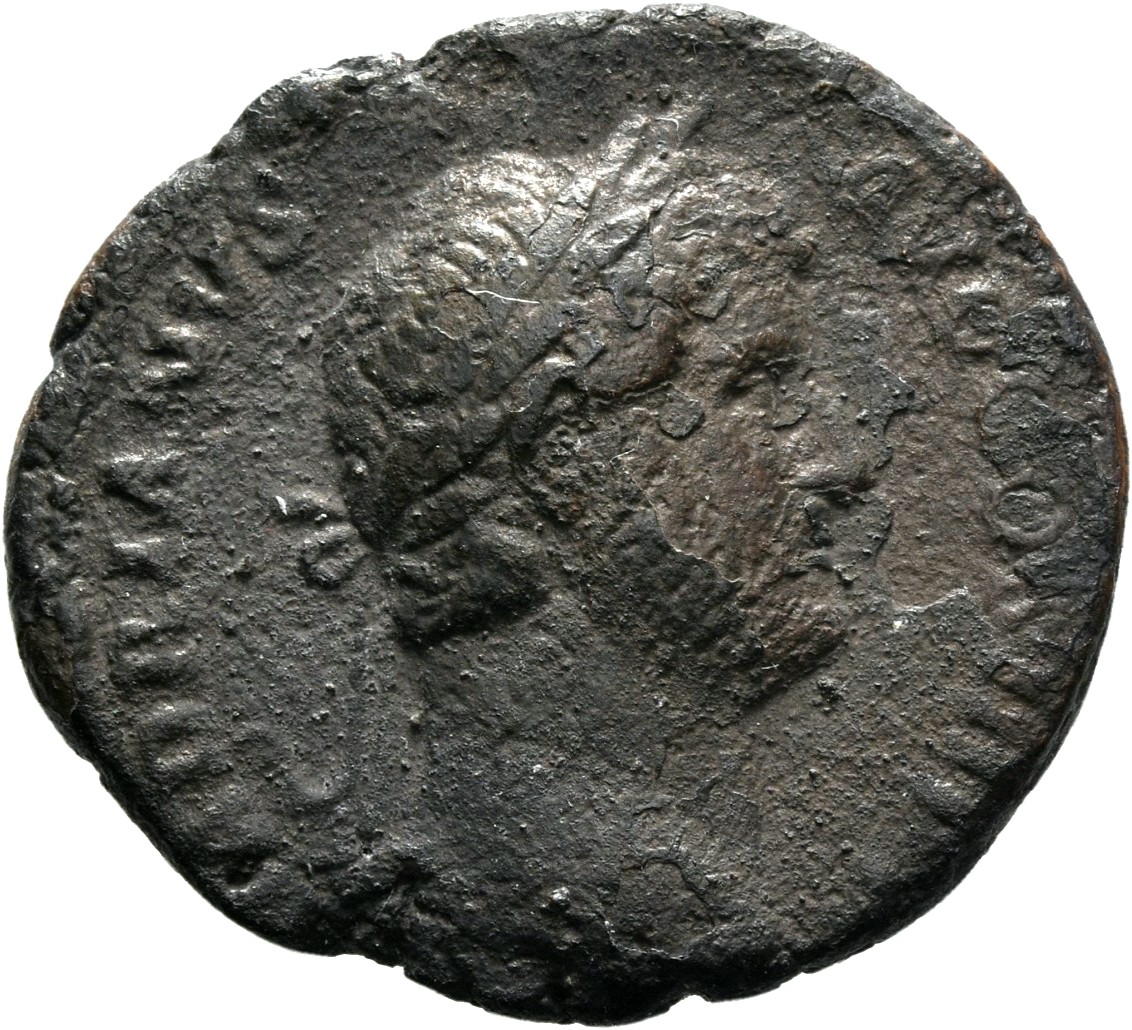 RIC II Hadrian 813d (as) Hadrian obverse, Büste des Hadrianus mit Lorbeerkranz n. r.; Perlkreis.