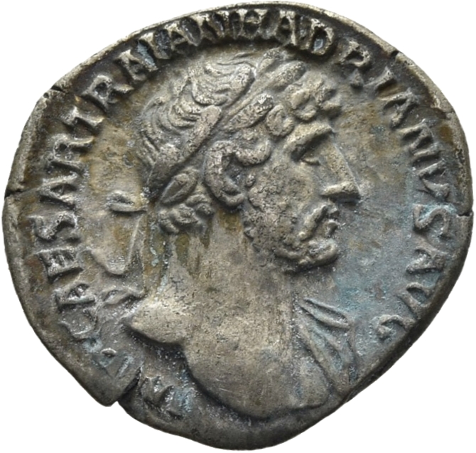 RIC II Hadrian 81b Hadrian obverse, Büste des Hadrianus mit Lorbeerkranz und Gewand an der l. Schulter in der Brustansicht...