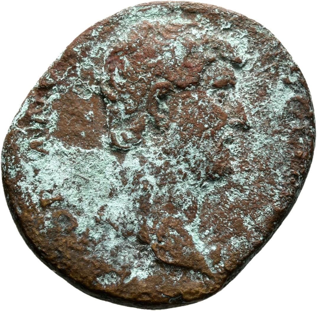 RIC II Hadrian 821a (as) Hadrian obverse, Kopf des Hadrianus n. r.; Perlkreis.