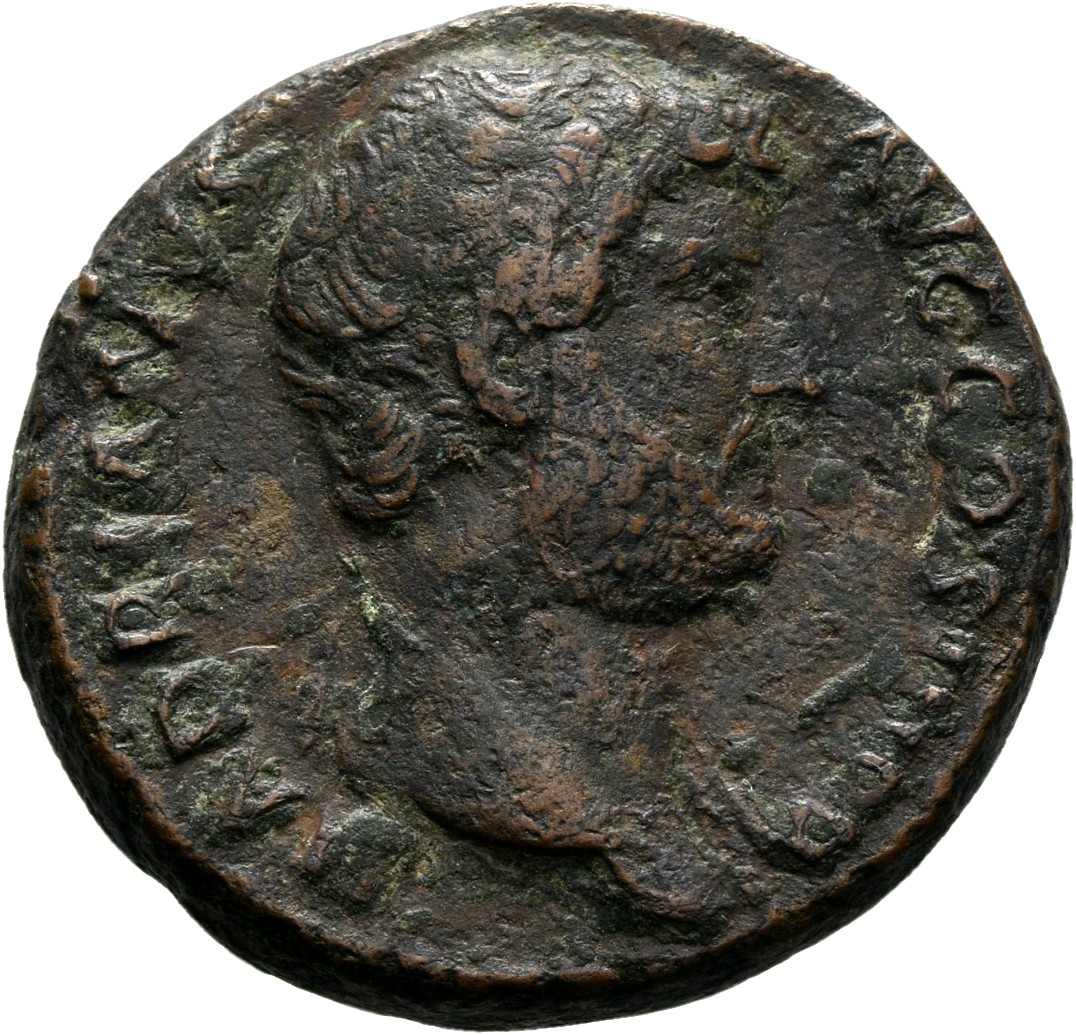 RIC II Hadrian 827a (as) Hadrian obverse, Büste des Hadrianus mit Drapierung auf der linken Schulter n. r.