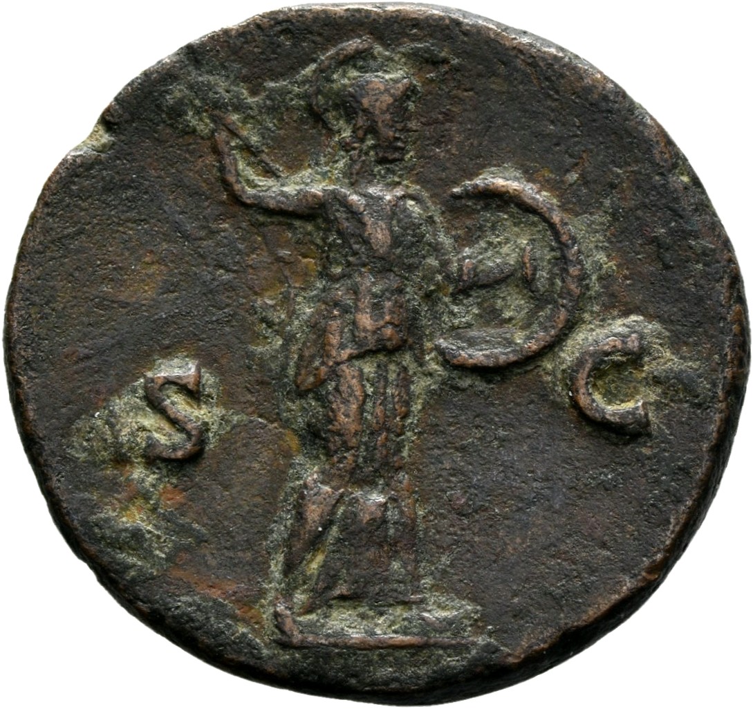 RIC II Hadrian 827a (as) Hadrian reverse, Minerva stehend n. r., in erhobener rechter Hand Speer, in linker Hand Schild, i...