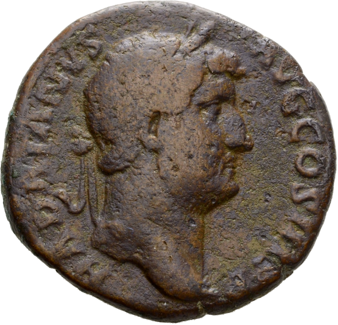 RIC II Hadrian 833d (as) Hadrian obverse, Kopf des Hadrianus mit Lorbeerkranz nach r.
