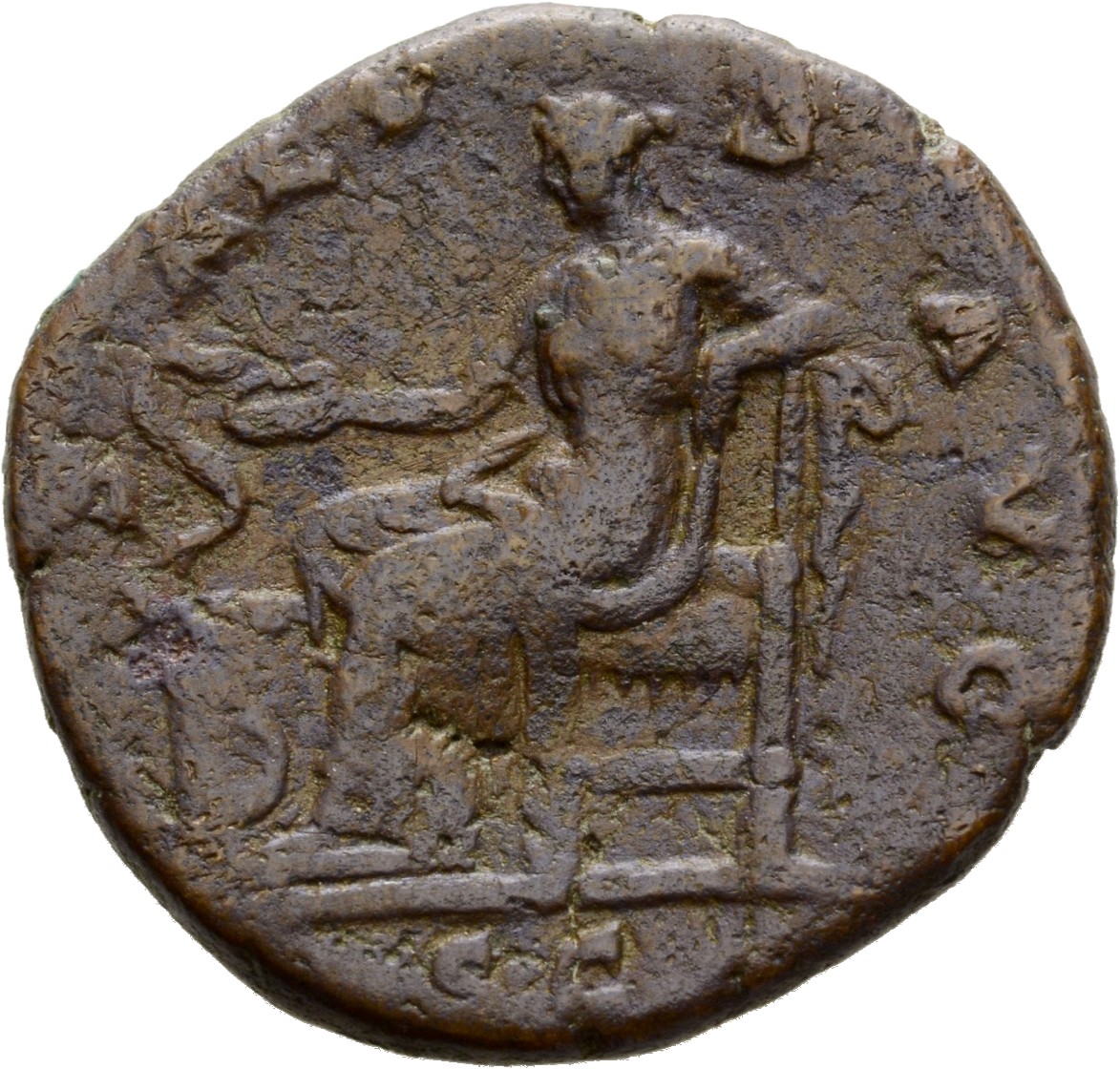 Hadrian reverse — Salus sitzt nach l. Sie hält in der r. Hand eine Schale (patera) und füttert eine Schlange über einem Altar.