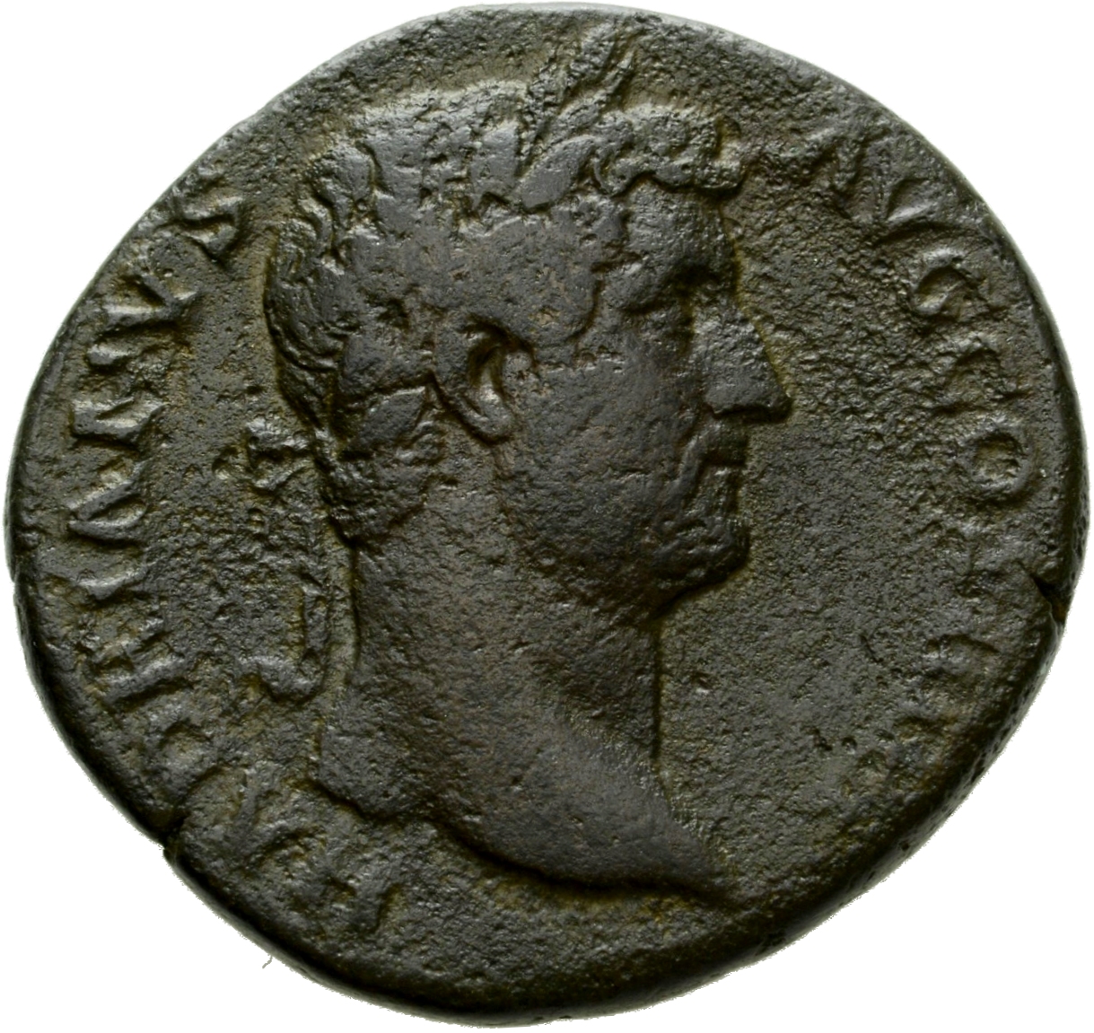 RIC II Hadrian 835d (as) Hadrian obverse, Kopf des Hadrianus mit Lorbeerkranz nach r.