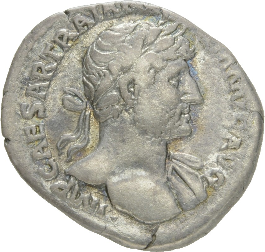 RIC II Hadrian 83b Hadrian obverse, Drapierte Büste des Hadrianus mit Lorbeerkranz in Brustansicht nach r.