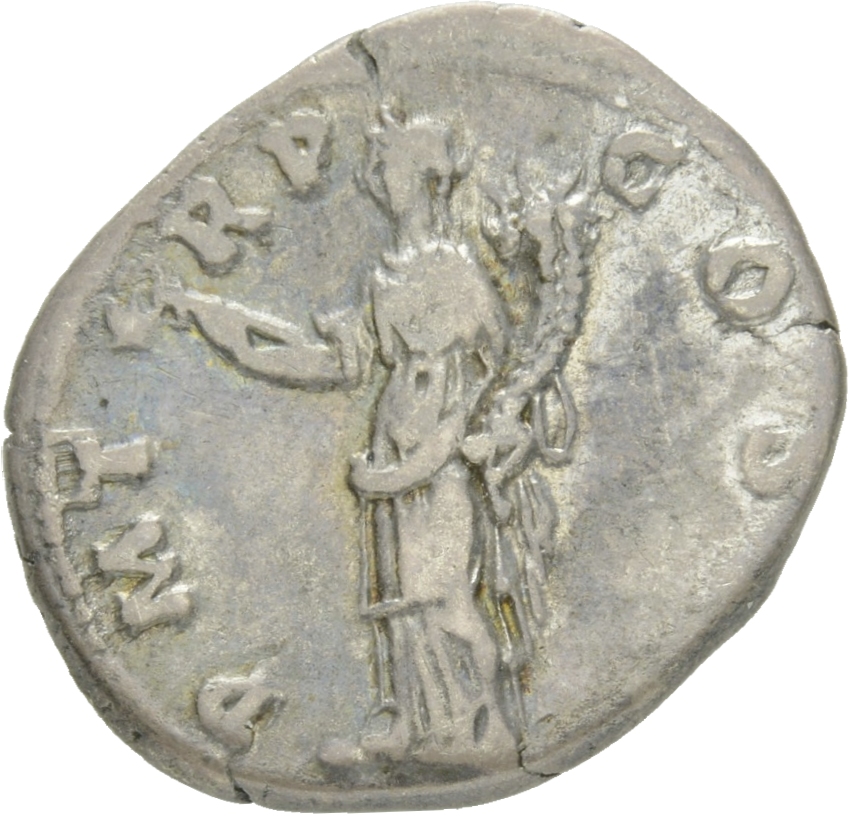 RIC II Hadrian 83b Hadrian reverse, Felicitas steht nach l. In der r. Hand ein Merkurstab (caduceus), in der l. Hand ein F...