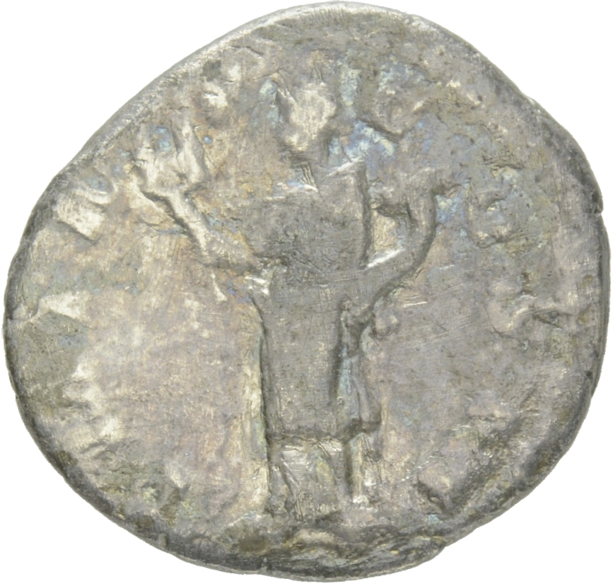 RIC II Hadrian 83b Hadrian reverse, Felicitas steht nach l. In der r. Hand ein Merkurstab (caduceus), in der l. Hand ein F...