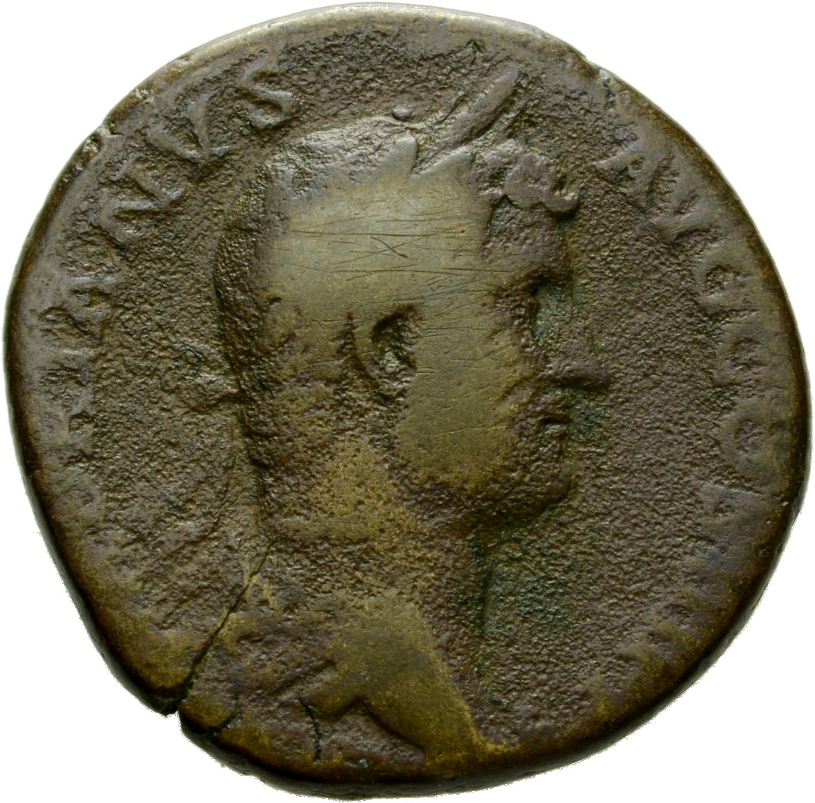 RIC II Hadrian 844f (as) Hadrian obverse, Drapierte Büste des Hadrianus mit Lorbeerkranz nach r.