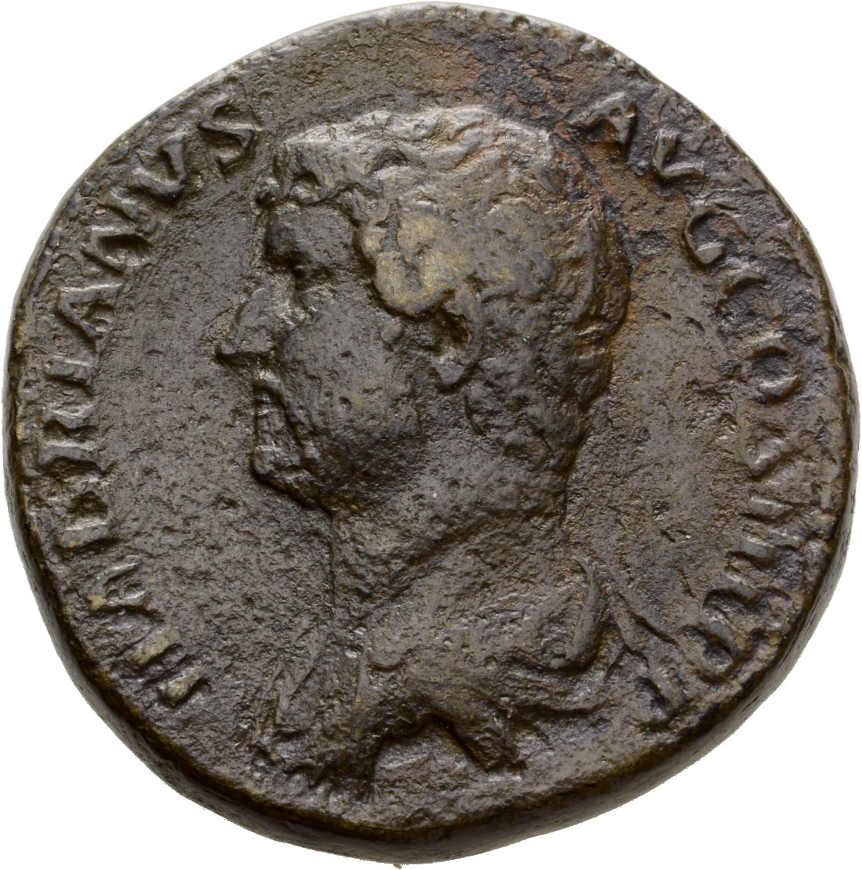 RIC II Hadrian 844g (as) Hadrian obverse, Drapierte Büste des Hadrianus in der Rückenansicht nach l.