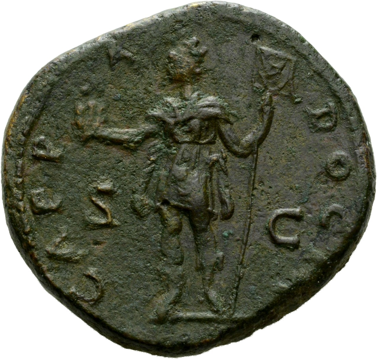 RIC II Hadrian 848a (as) Hadrian reverse, Cappadocia steht in der Vorderansicht, den Kopf nach l. Sie hält in der r. Hand ...