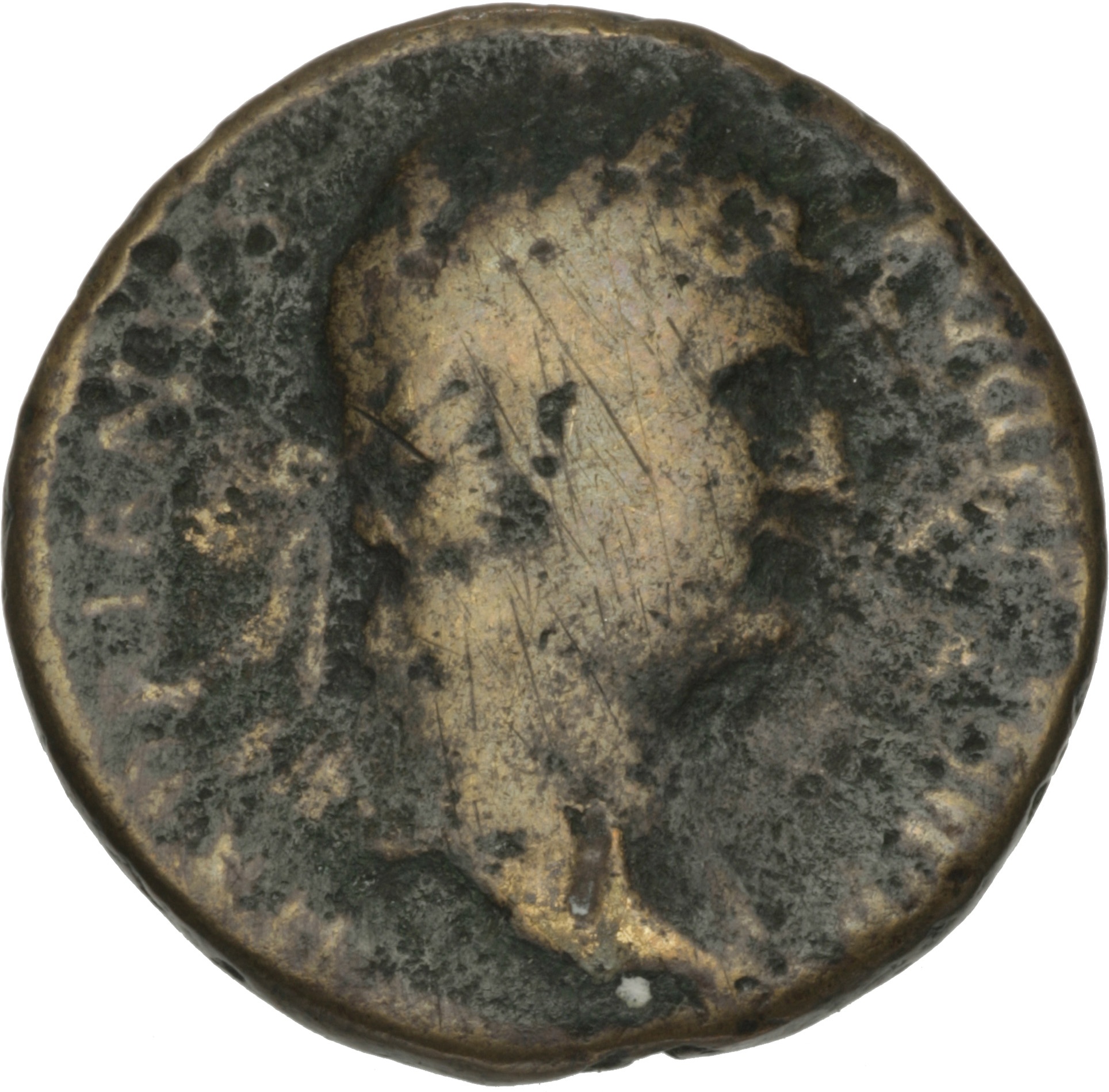 RIC II Hadrian 848f (dupondius) Hadrian obverse, Drapierte Büste Hadrians mit Lorbeerkranz nach rechts.